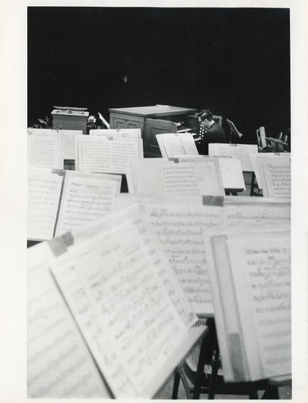 Organist Berj Zamkochian Rehearsing for an Appearance as Guest Organist with Boston Pops Orchestra, 1958