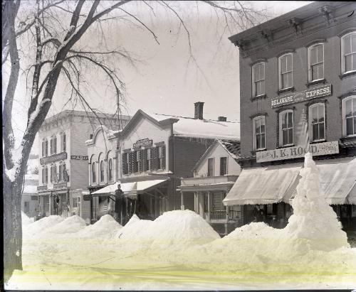 Main Street Delhi, NY; Delaware Express Printing House, J.K. Hood Dry Goods, Wm. Thompson Merchant Tailor