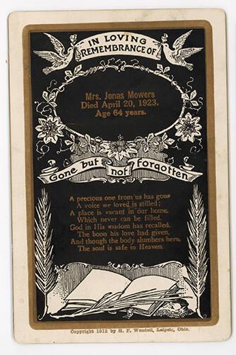 Card of Remembrance; Mrs. Jonas Mowers