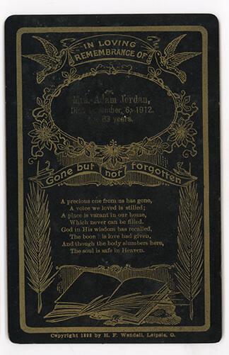 Card of Remembrance; Mrs. Adam Jordan