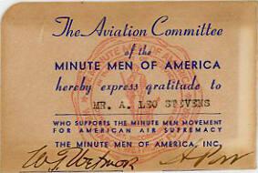 The Aviation Committee of the Minute Men of America Support Card