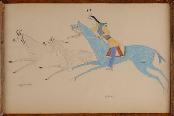 Drawing - Kiowa on a Blue Horse Chasing