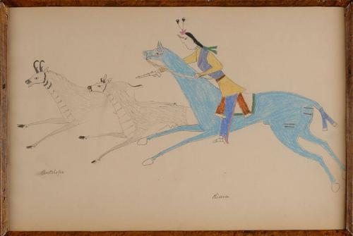 Drawing - Kiowa on a Blue Horse Chasing