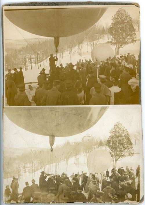 Double Image of A. Leo Stevens at West Point, Filling the Balloon