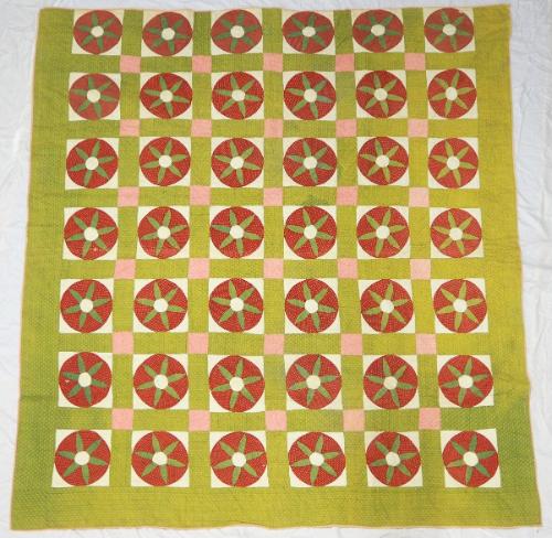 Combination patchwork, applique, and reverse applique quilt. Each block features a black-and-wh…