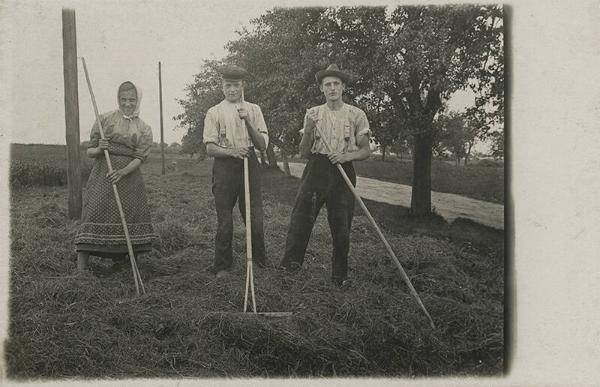 Two Men and a Woman with Hay Rakes
