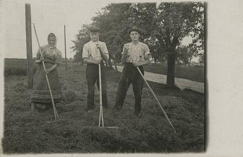 Two Men and a Woman with Hay Rakes