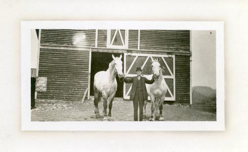 Man and Work Horses in Front of Barn