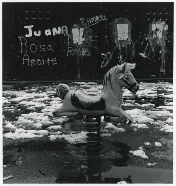 Untitled (Snowy playground with rocking horse), Buffalo, NY, 1972